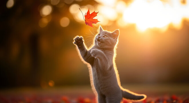 A playful gray kitten reaches up to catch a falling red maple leaf in a sun-drenched autumn scene. - Powered by Adobe