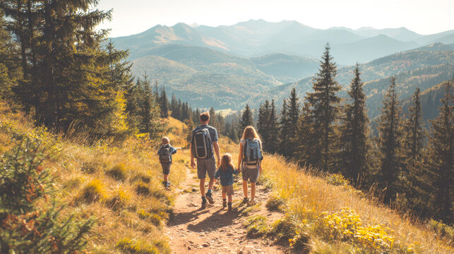 A family with two children, wearing backpacks, walks along a winding dirt path through golden fields and towering pine trees, overlooking a breathtaking panorama of distant mountains under a clear sky