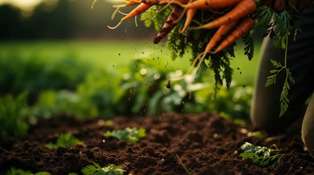 Fresh organic carrot harvest from garden soil with dirt covered hands holding healthy vegetable bunch under natural sunlight showing pure farming