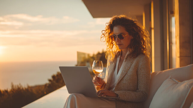 A sophisticated woman in sunglasses sips white wine while working on her laptop on a modern balcony, enjoying a stunning ocean sunset. Ideal for themes of luxury, remote work, and travel