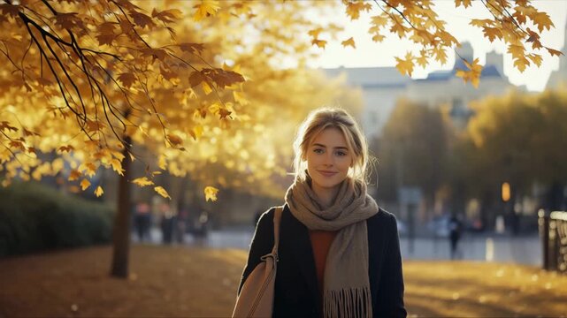 Portrait of a young woman in warm clothes standing in a park filled with golden autumn leaves. Soft sunlight and cozy fall atmosphere. Outdoor moment.