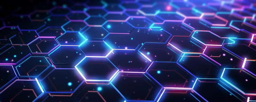 Futuristic glowing hexagon grid with neon blue and purple lights creating dynamic digital pattern and high tech atmosphere
