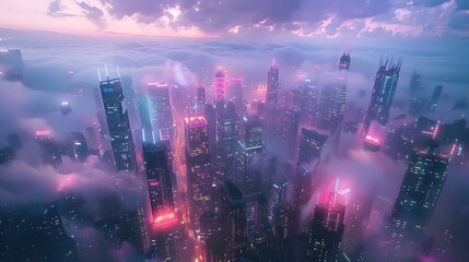 Fototapeta premium Futuristic Skyline Above Clouds Neon Lights