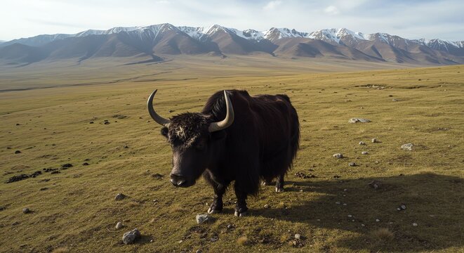 Wild Highland Cow Standing in Open Grassland with Mountain Range in Background