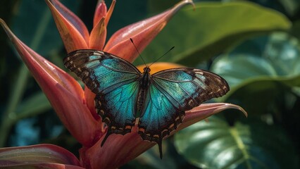 Generative AI Tropical Butterfly on Exotic Flower Close-Up
