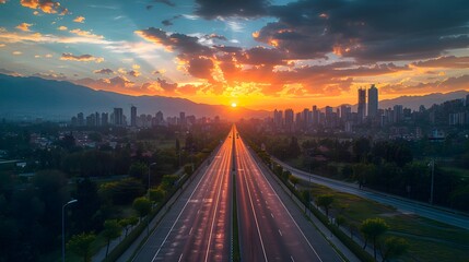 Obraz premium Urban Highway Leading to City Sunset