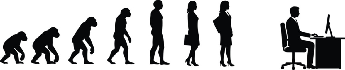 Human Evolution to Office Life, Monkey to Businessperson Transformation, Workplace Concept Silhouette, Development of Career, Modern Professional at Desk, Corporate Lifestyle Icon