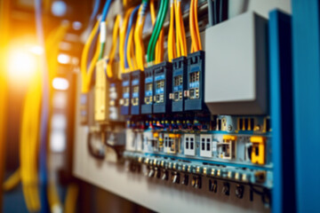 A complex industrial control panel with a removed electrical shield, revealing a dense network of organized wiring and a programmable logic controller, PLC. concept of industrial automation