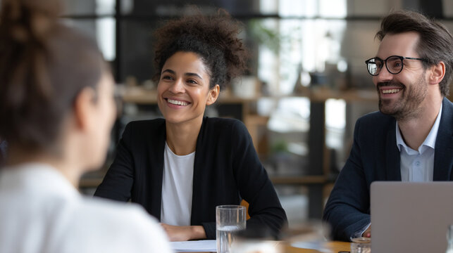 Smiling professionals in a meeting with laptop and glass of water on the table in an office setting