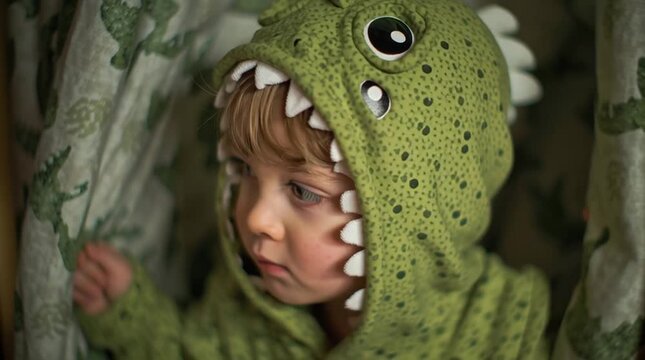 A cute child in a dinosaur costume peeks out from behind patterned curtains with a curious expression