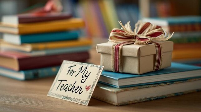 A teacher appreciation gift with a present on a stack of books and a card saying for my teacher