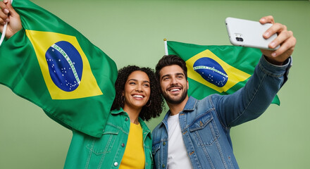 A joyful couple proudly celebrates with the Brazilian flag, taking a happy selfie.