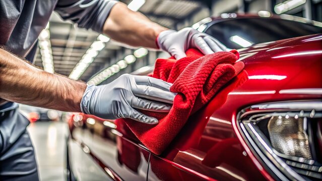 Car wrapping specialist at work, wrapping a sports car with vinyl livery car wrap. Making assessment after accident, 8k Details Resolution
