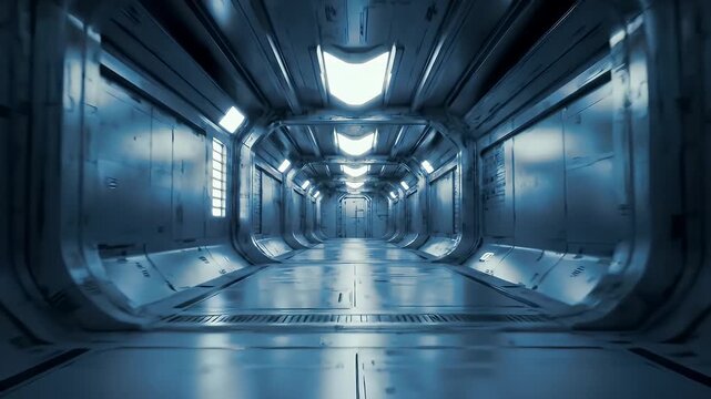 Futuristic Metallic Hallway with Repeating Door Frames and Patterned Walls Fading Into Distance Illuminated by Ceiling