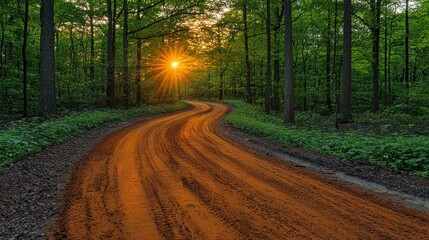 Obraz premium Path cuts through lush trees at golden sunrise