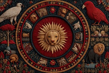 Naklejka premium A collage of South African cultural motifs forming a mandala, with earthy tones and vibrant reds