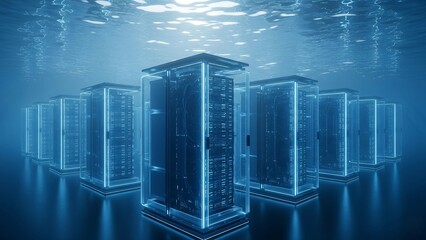 Futuristic server racks submerged underwater with glowing blue lights, symbolizing innovative data centers, sustainable cooling, and advanced digital infrastructure.