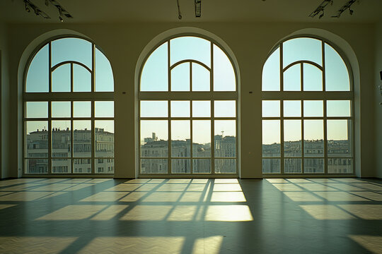 A spacious, empty modern hotel ballroom, with a massive wall of tall, elegant garden windows that fill the room with natural light.