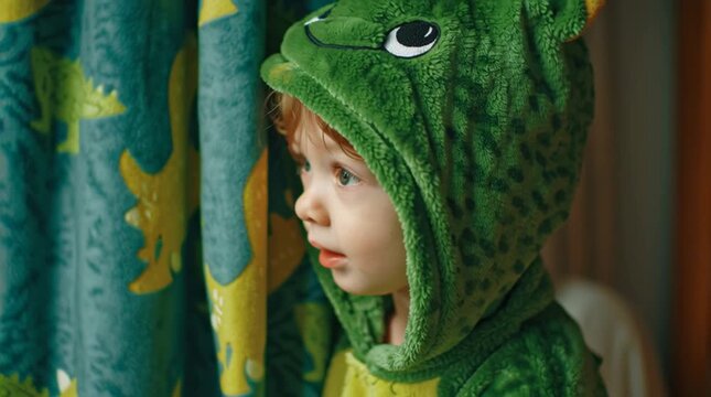 A young child in a dinosaur costume stands next to a dinosaur patterned curtain looking at the camera