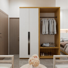 Elegant executive room render showcases a modern wardrobe and serene interior design aesthetic.