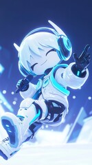 Anime boy with a robotic style, singing and holding a microphone