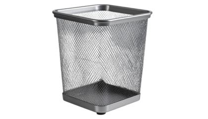 Silver metal wastebasket with mesh design, ideal for office or home use, combining functionality and style on transparent background