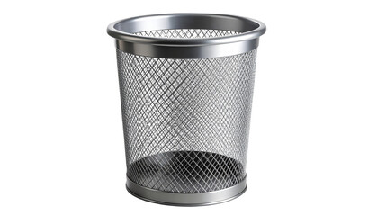 Silver metal wastebasket with mesh design, ideal for office or home use, combining functionality and style on transparent background