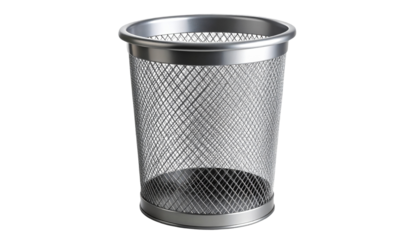Silver metal wastebasket with mesh design, ideal for office or home use, combining functionality and style on transparent background