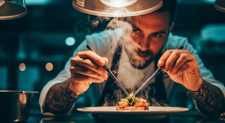 Skilled chef carefully garnishing a gourmet dish with precision and steam