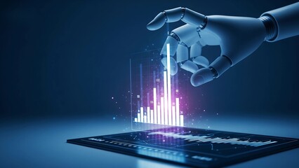 A robotic hand interacting with a glowing holographic bar chart emerging from a digital tablet, symbolizing AI-driven data analysis, business intelligence, and futuristic technology.