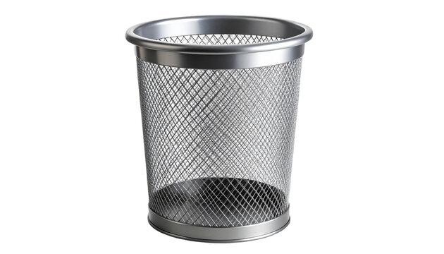 Silver metal wastebasket with mesh design, ideal for office or home use, combining functionality and style on transparent background