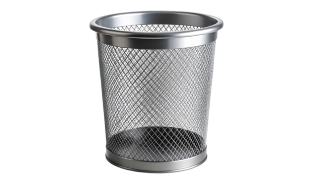 Silver metal wastebasket with mesh design, ideal for office or home use, combining functionality and style on transparent background