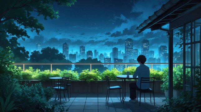 Serene Nighttime Cityscape View from a Lush Balcony with a Solitary Figure