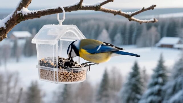 Colorful blue tit sits on a plastic bird feeder filled with seeds, perched on a snowy branch in winter forest. Peaceful nature moment.