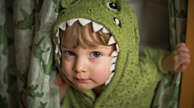 A young child in a dinosaur costume peeks out from behind patterned curtains with a curious gaze