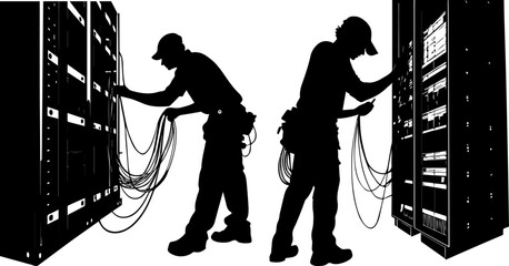 IT Technicians Working on Server Racks and Network Cables Silhouettes