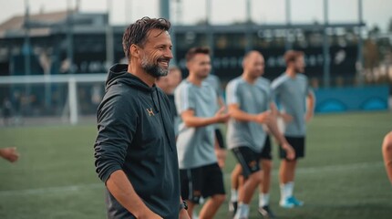 Man in hoodie giving thumbs up on soccer field with team in background during daytime training session - Powered by Adobe