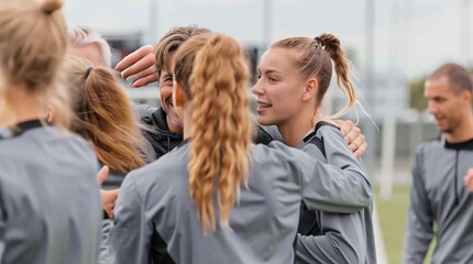 A smiling coach and female team giving thumbs up in gray athletic wear outdoors on a cloudy day
