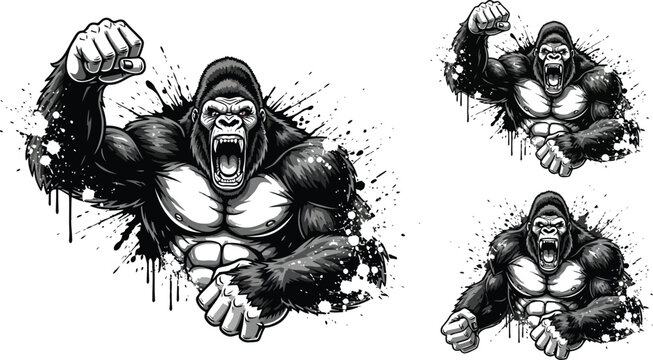 Three angry gorillas with clenched fists and splashes of ink in a monochrome vector illustration