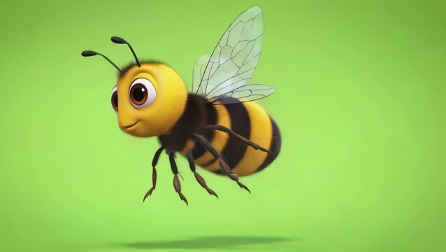 cute 3d animated bee character flying on a bright green isolated background loop