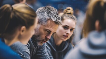 Man with gray hair talking to a group of young women in a huddle looking downwards intently - Powered by Adobe