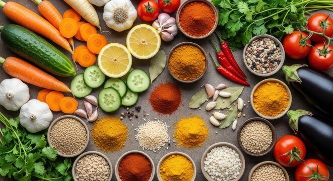 A vibrant overhead flat lay showcases a colorful assortment of fresh vegetables and aromatic spices, including carrots, cucumbers, lemons, tomatoes, chili peppers, eggplants, garlic, and various groun