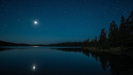 Generative AI Moonlit Lake and Starry Pine Night Wallpaper