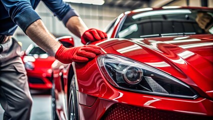 Car wrapping specialist at work, wrapping a sports car with vinyl livery car wrap. Making assessment after accident, 8k Details Resolution

