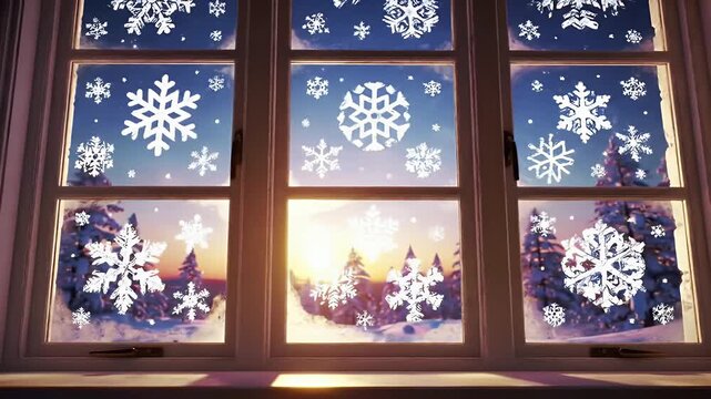 Winter Window View with Snowflakes at Sunset Over Snowy Trees Creates a Cozy Festive Scene