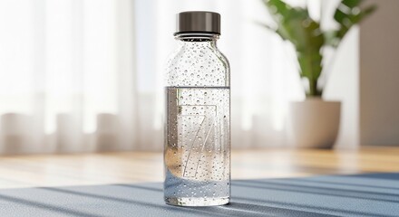Clear Glass Water Bottle with Condensation, Refreshing Hydration Concept.