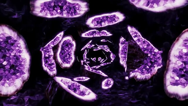 Abstract digital art of amethyst geodes in a dark purple textured space