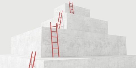 Red ladders leading the way up on concrete blocks on white background, caree, success or achievement busines concept
