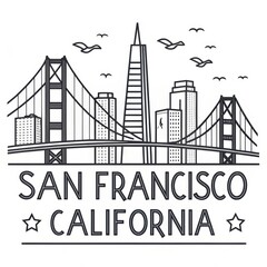 Obraz premium Iconic San Francisco Skyline with Golden Gate Bridge and Flying Birds in Minimalist Outline Style