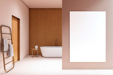 Vertical canvas mockup in modern luxury bathroom interior with wooden wall, freestanding bathtub, and minimalist towel decor on warm tone background. 3D Rendering